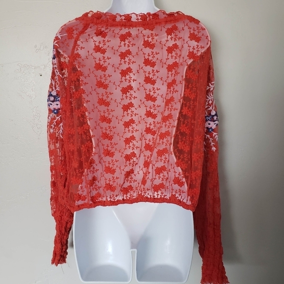 Free People Women's Jubilee Medium Coral Lace Long Sleeve Blouse Embroidered Top - Picture 7 of 10